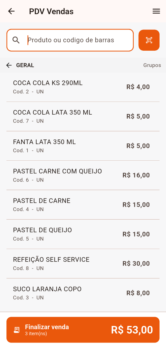 PDV no celular: Produtos da venda